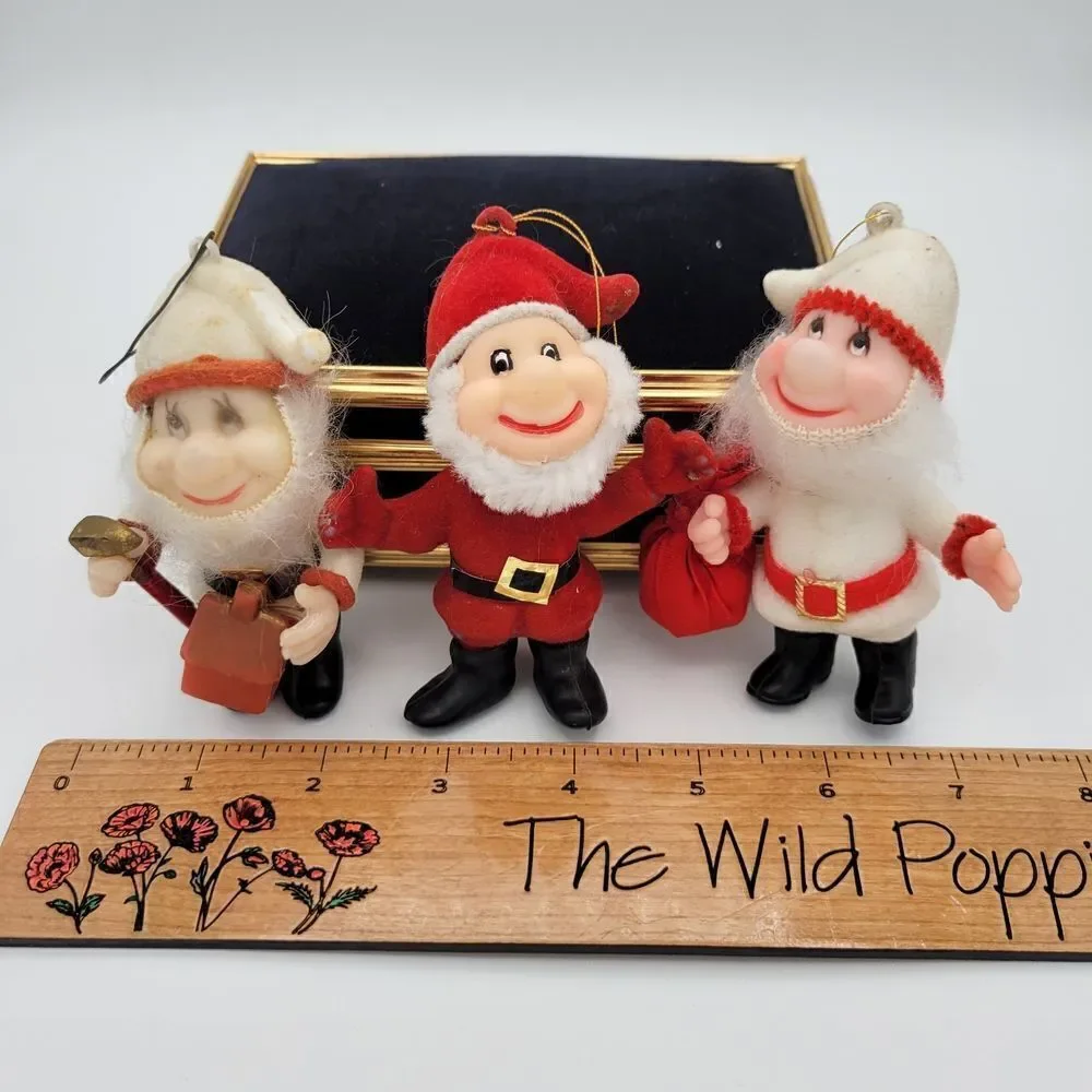 Adorable Trio of Vintage Flocked Santa & Santa's Helpers Elves Ornaments